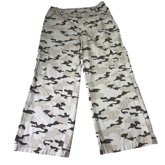 RSQ Pants Womens Cargo Mid Rise Canvas Camo Khaki Baggy Straight Wide Leg - Picture 1 of 10
